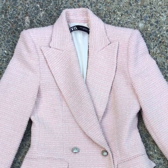 ZARA TEXTURED TWEED DOUBLE BREASTED BLAZER PINK - Picture 6 of 9